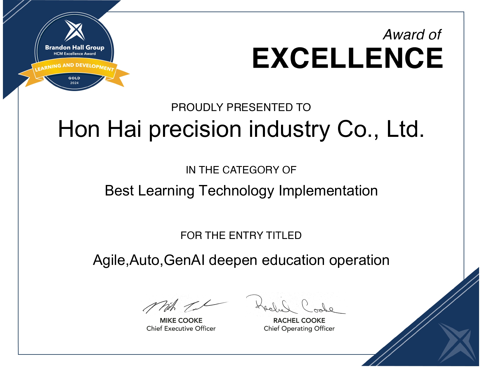 Hon Hai awarded 1 Gold, 3 Silver  in Brandon Hall Excellence Award​